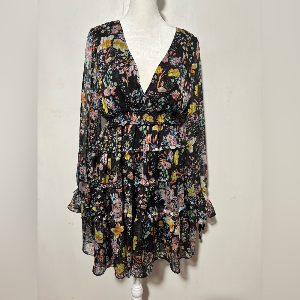 Free People Yellow and Purple Ruffled Tiered Sundress with Bishop Sleeves